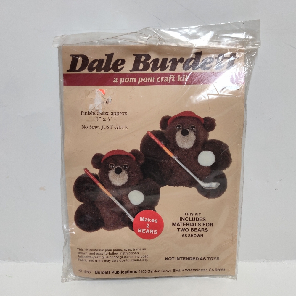 New Dale Burdett Pom Pom Craft Kit Golf Bears Vintage No Sew Craft Kit 1986